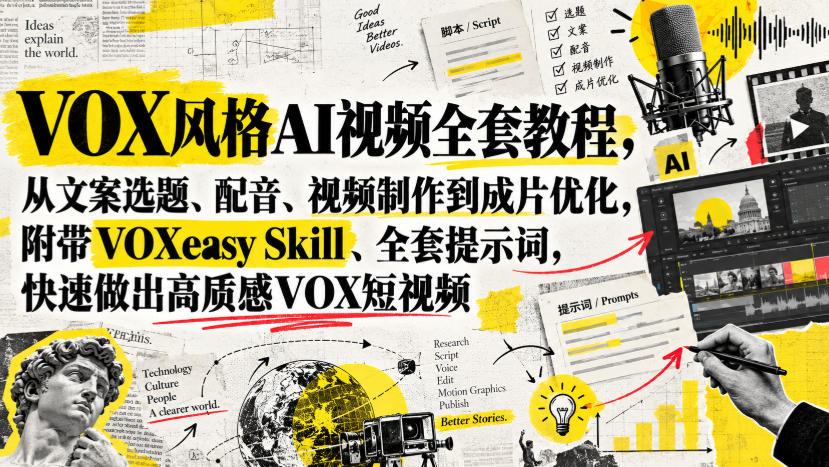 VOX风格AI视频全套教程,从文案选题、配音、视频制作到成片优化,附带VOXeasy Skill、全套提示词,快速做出高质感VOX短视频-资源宝库