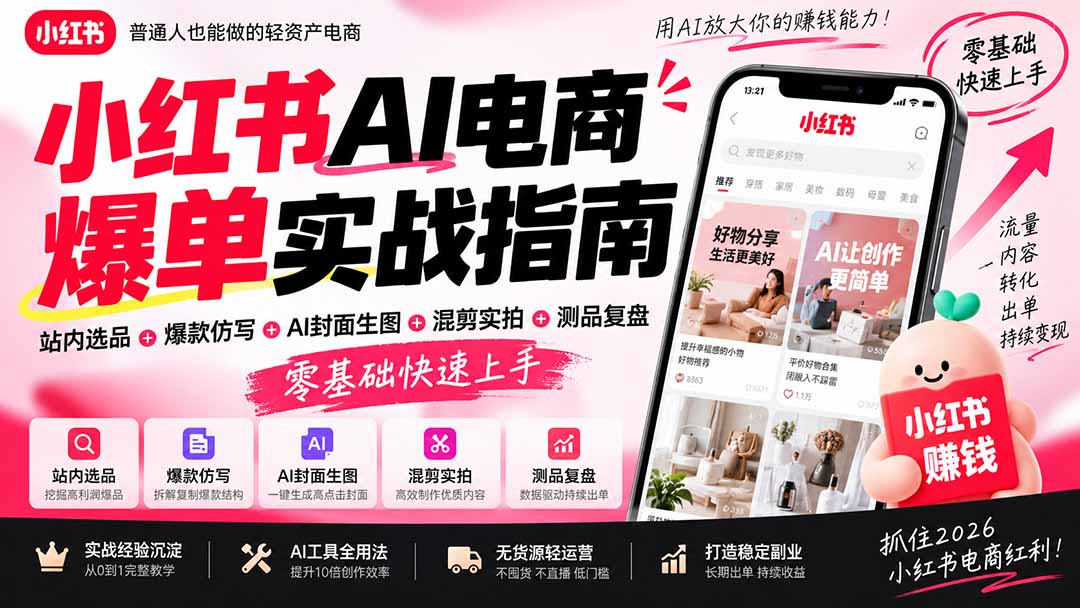 2026小红书AI电商爆单实战指南：站内选品+爆款仿写+AI封面生图+混剪实拍+测品复盘，零基础快速上手-资源宝库