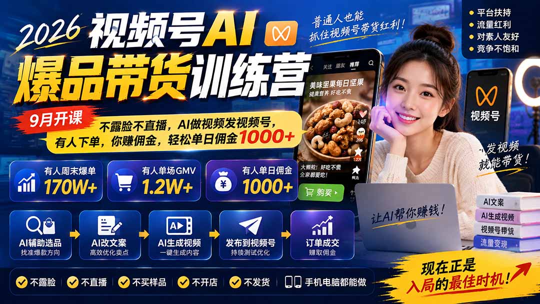 图片[1]-2026视频号AI爆品带货训练营-9月开课｜不露脸不直播，AI做视频发视频号，有人下单，你赚佣金，轻松单日佣金1000+-资源宝库