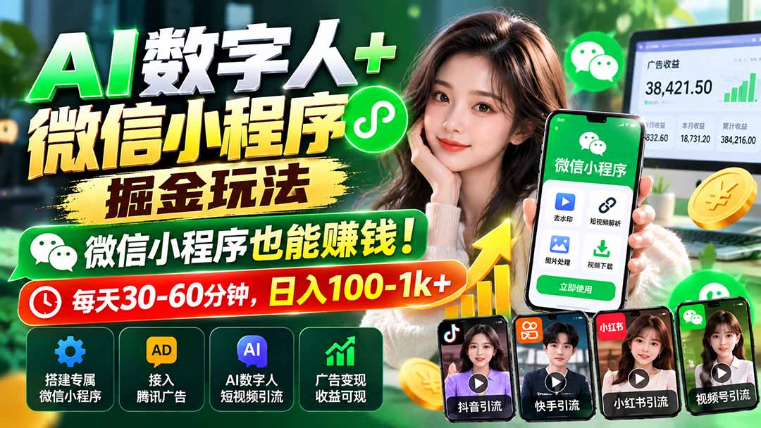 AI数字人+微信小程序掘金玩法：微信小程序也能赚钱！每天30-60分钟，日入100-1k+-资源宝库