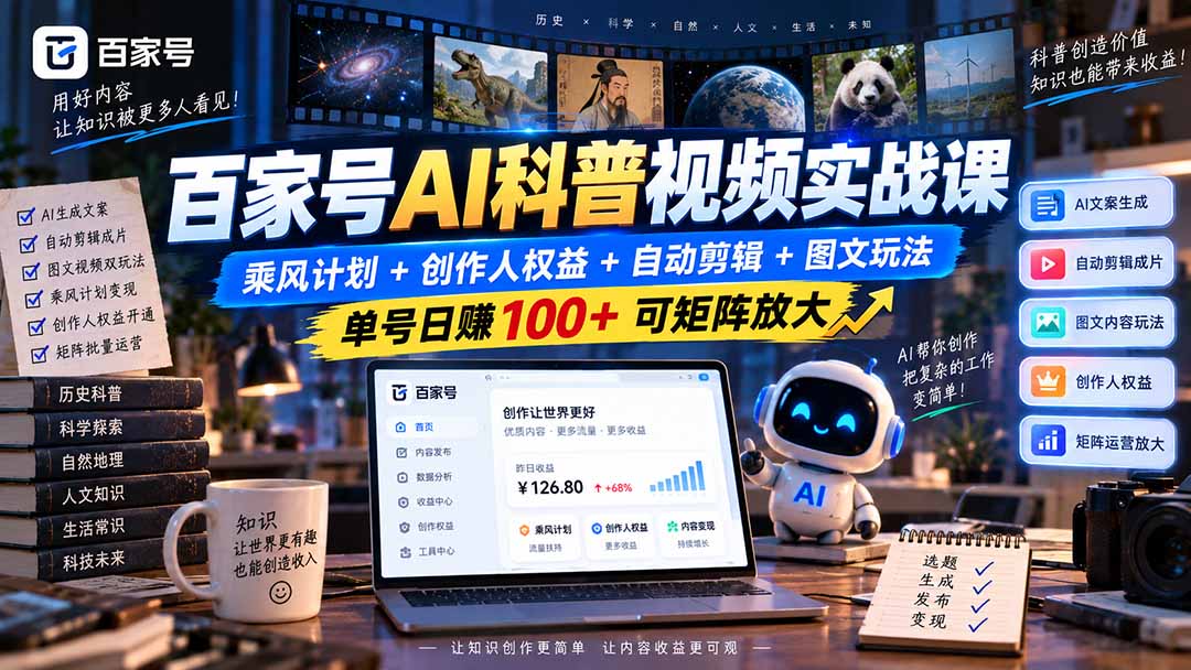 百家号AI科普视频实战课：乘风计划+创作人权益+自动剪辑+图文玩法，单号日赚100+可矩阵放大-资源宝库