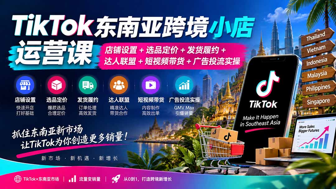 TikTok东南亚跨境小店运营课:店铺设置+选品定价+发货履约+达人联盟+短视频带货+广告投流实操-资源宝库