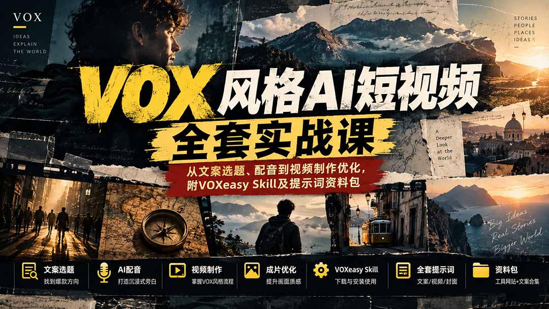 【无水印】VOX风格AI短视频全套实战课：从文案选题、配音到视频制作优化，附VOXeasy Skill及提示词资料包-资源宝库