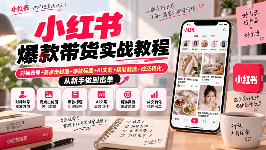 小红书爆款带货实战教程｜对标账号+高点击封面+爆款标题+AI文案+精准截流+成交转化，从新手做到出单-资源宝库