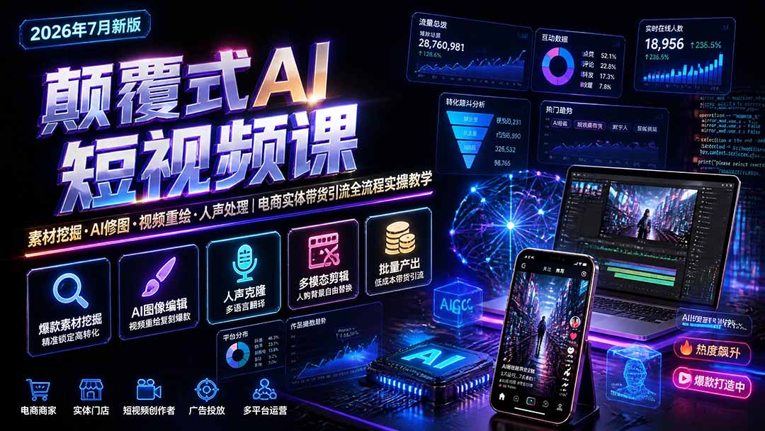 颠覆式AI短视频课-更新|素材挖掘,AI修图,视频重绘,人声处理|电商实体带货引流全流程实操教学-资源宝库
