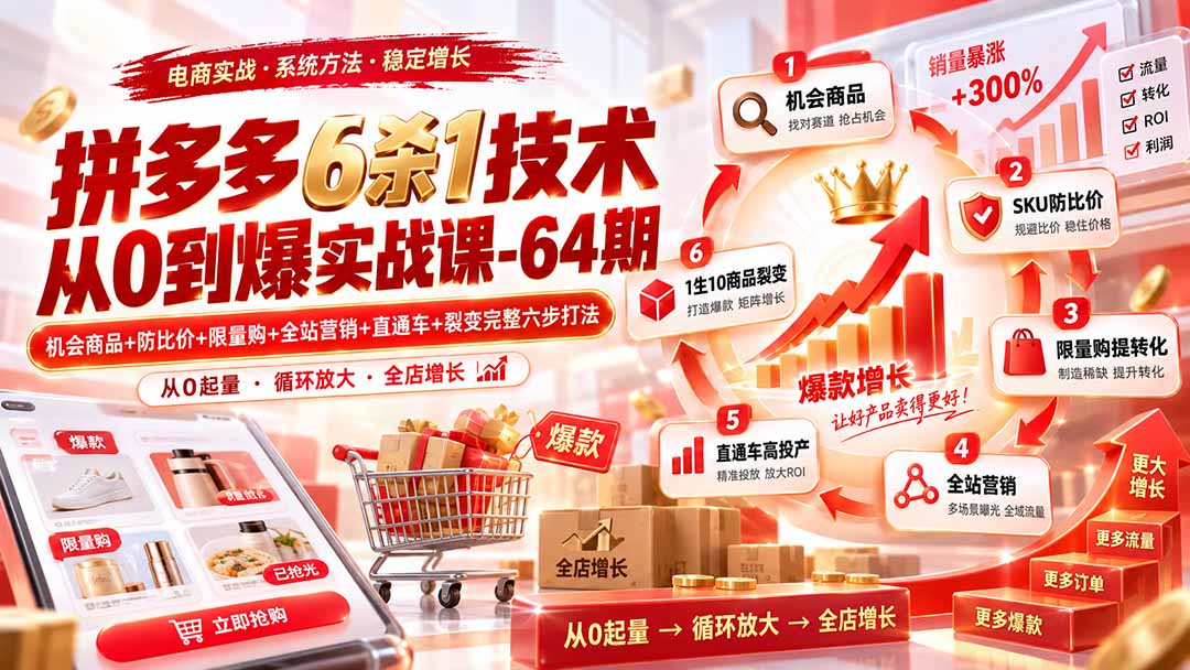 拼多多6杀1技术从0到爆实战课-64期：机会商品+防比价+限量购+全站营销+直通车+裂变完整六步打法-资源宝库