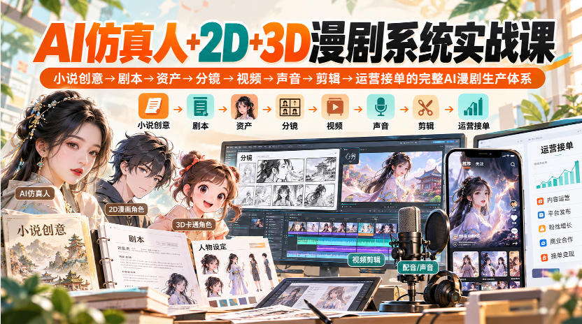 【无水印】AI仿真人+2D+3D漫剧系统实战课，小说创意→剧本→资产→分镜→视频→声音→剪辑→运营接单的完整AI漫剧生产体系-资源宝库