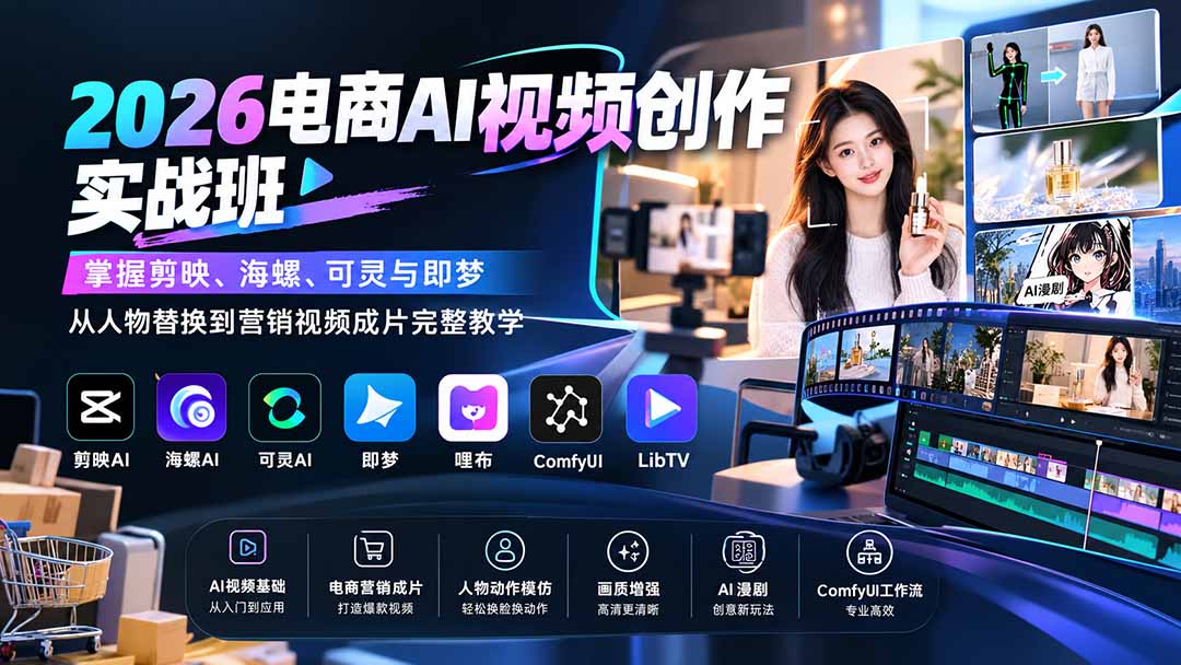 2026电商AI视频创作实战班：掌握剪映、海螺、可灵与即梦，从人物替换到营销视频成片完整教学-资源宝库