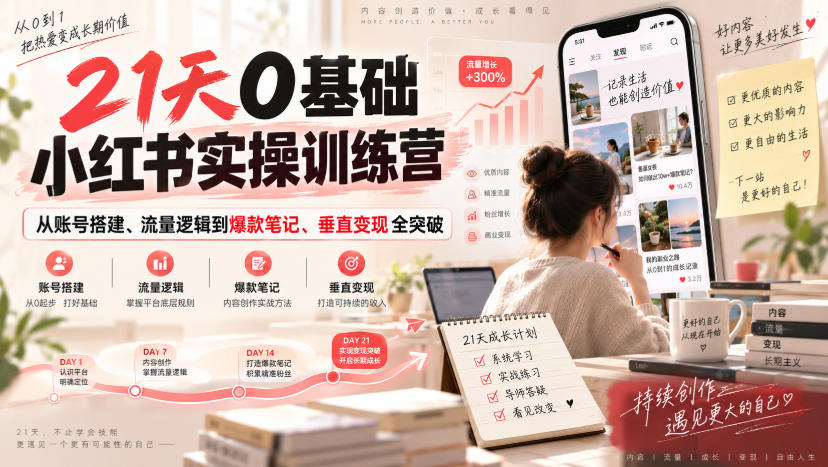 21天0基础小红书实操训练营｜从账号搭建、流量逻辑到爆款笔记、垂直变现全突破-资源宝库