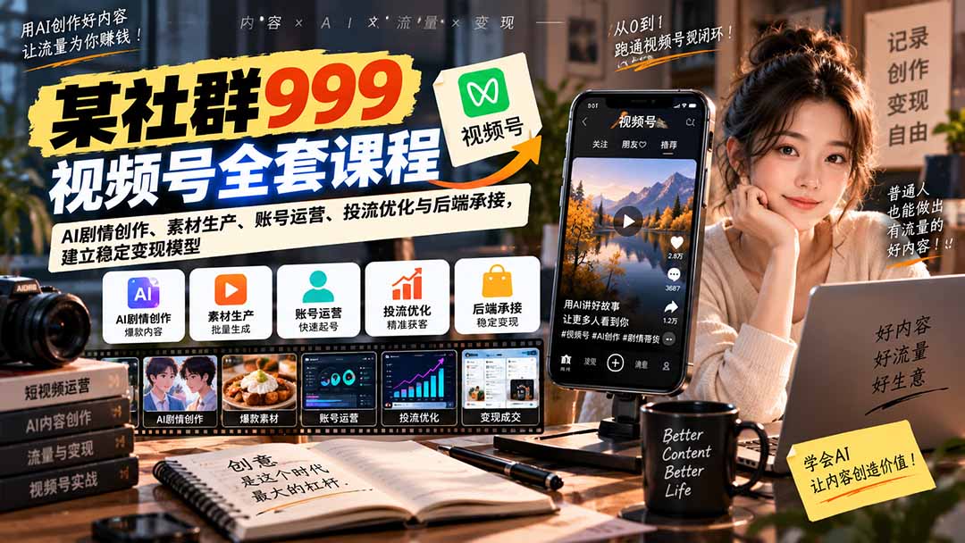 【无水印】某社群999视频号全套课程：AI剧情创作、素材生产、账号运营、投流优化与后端承接，建立稳定变现模型-资源宝库