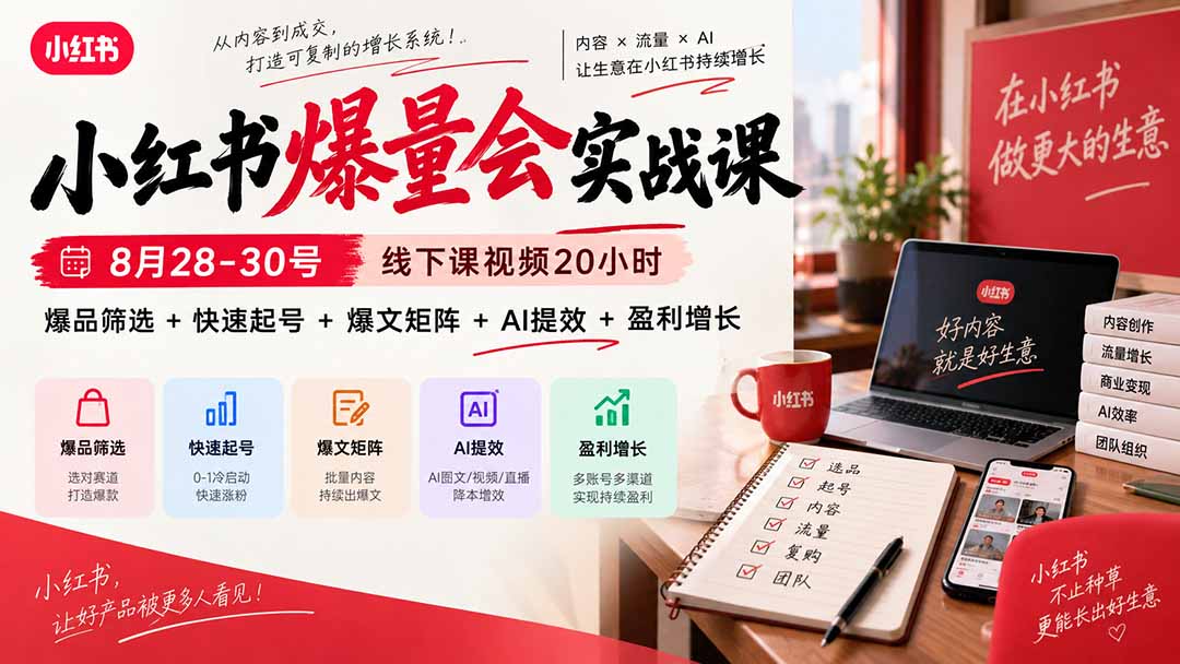 小红书爆量会实战课:8月28-30号线下课视频20小时,爆品筛选+快速起号+爆文矩阵+AI提效+盈利增长-资源宝库