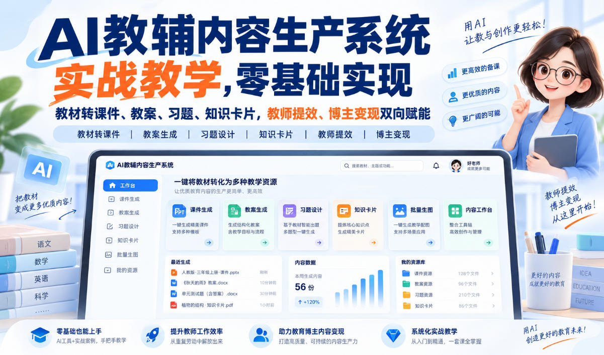 【无水印】AI教辅内容生产系统实战教学,零基础实现教材转课件、教案、习题、知识卡片,教师提效、博主变现双向赋能(更新0926)