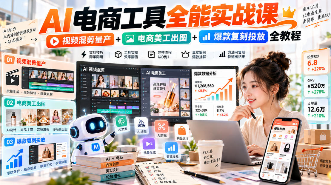 AI电商工具全能实战教学,视频混剪量产+电商美工出图+爆款复刻投放全教程-资源宝库