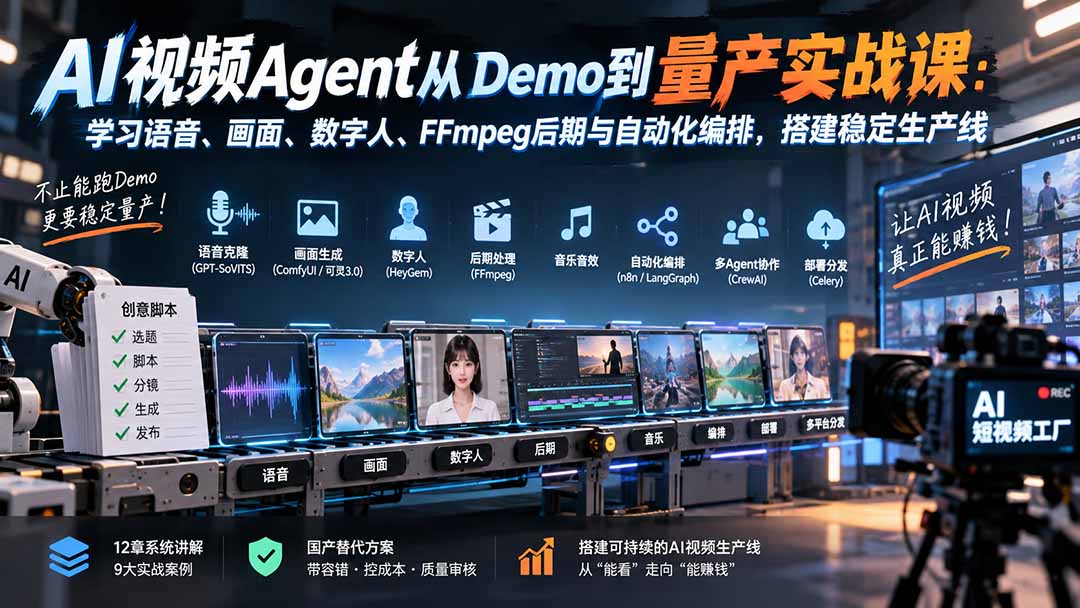 AI视频Agent从Demo到量产实战课：学习语音、画面、数字人、FFmpeg后期与自动化编排，搭建稳定生产线-资源宝库