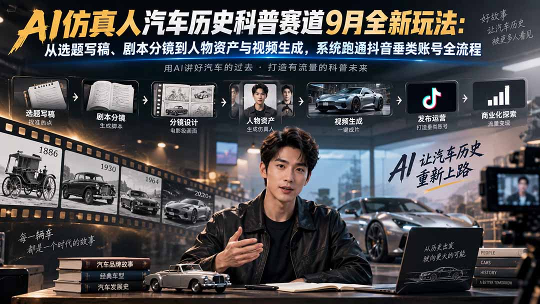 AI仿真人汽车历史科普赛道9月全新玩法:从选题写稿、剧本分镜到人物资产与视频生成,系统跑通抖音垂类账号全流程-资源宝库