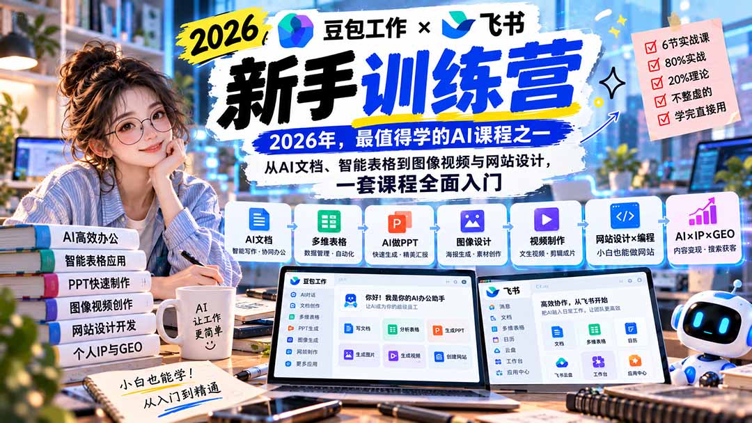 2026豆包工作+飞书新手训练营-9月新课：从AI文档、智能表格到图像视频与网站设计，一套课程全面入门-资源宝库