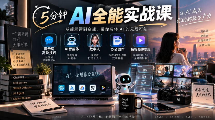 5分钟AI全能实战课｜提示词高阶技巧+AI智能体+数字人+办公创作+短视频IP变现全教程-资源宝库
