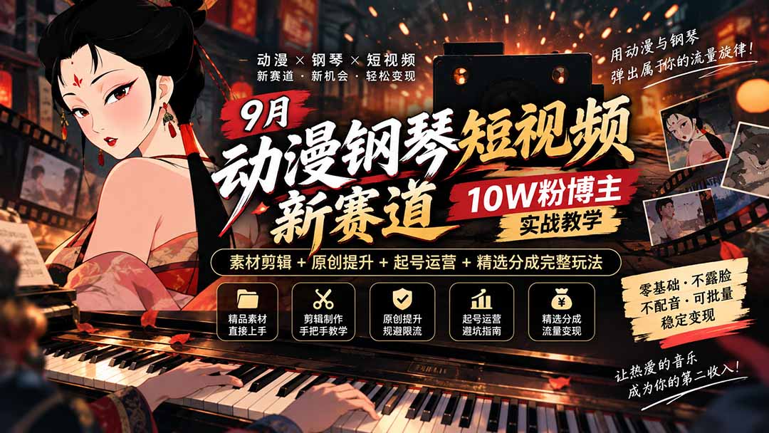 9月动漫钢琴短视频新赛道｜10W粉博主实战教学，素材剪辑+原创提升+起号运营+精选分成完整玩法-资源宝库