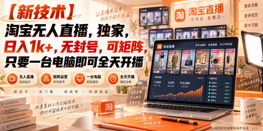 【独家新技术】淘宝无人直播，日入1k+，无封号，可矩阵，只要一台电脑即可全天开播【揭秘】-资源宝库