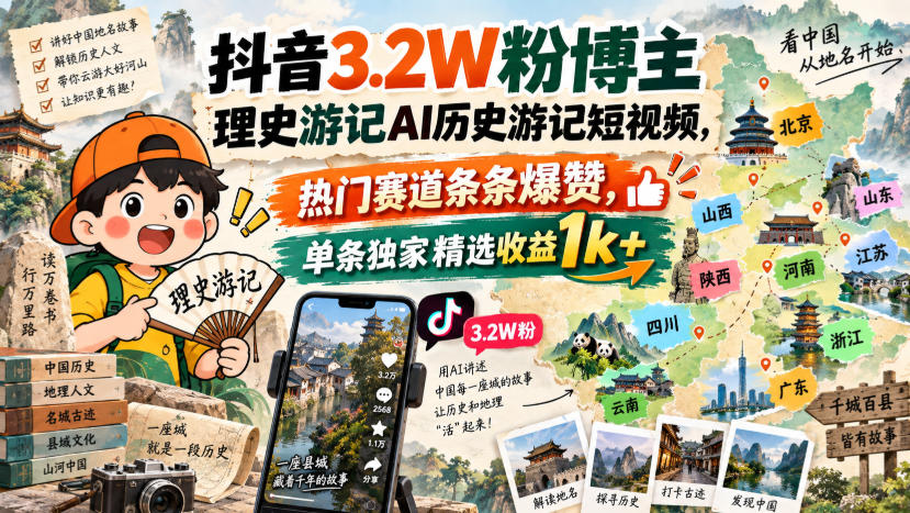 抖音3.2W粉博主理史游记AI历史游记短视频教学，热门赛道条条爆赞，单条独家精选收益1k+-资源宝库