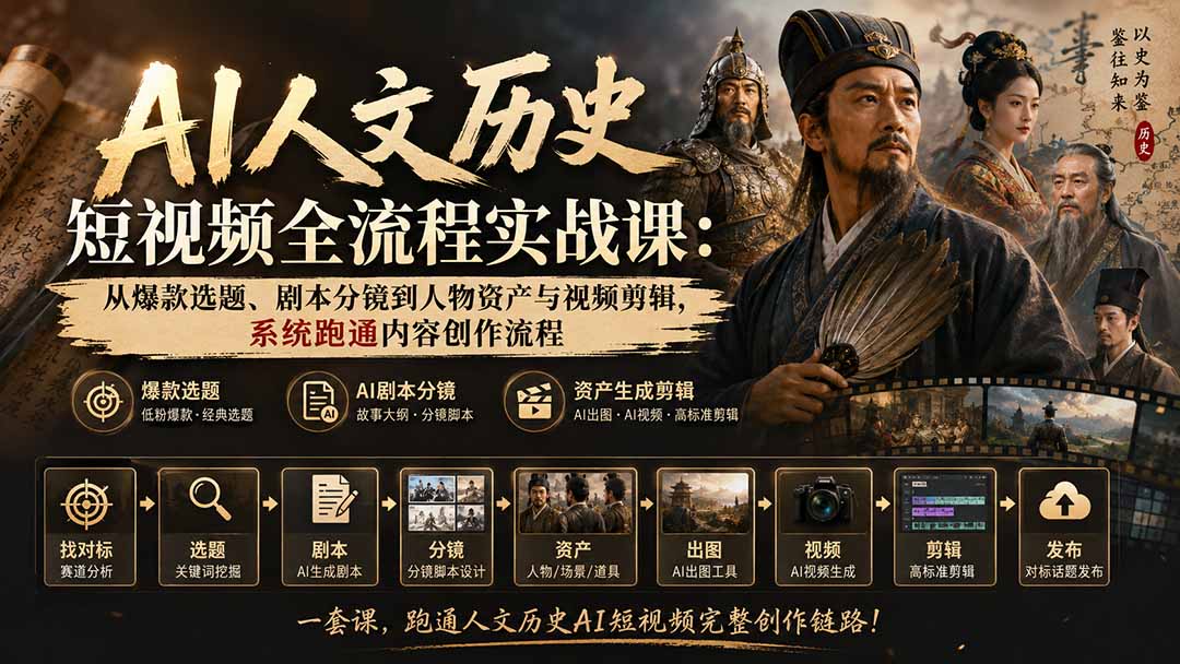 AI人文历史短视频全流程实战课-更新:从爆款选题、剧本分镜到人物资产与视频剪辑,系统跑通内容创作流程-资源宝库