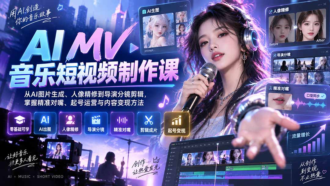 AI MV音乐短视频制作课:从AI图片生成、人像精修到导演分镜剪辑,掌握精准对嘴、起号运营与内容变现方法-资源宝库