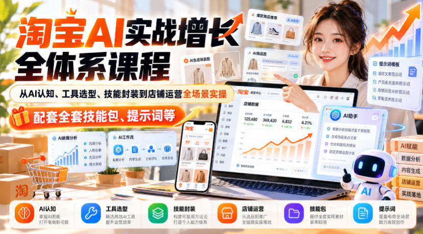 淘宝AI实战增长全体系课程,从AI认知、工具选型、技能封装到店铺运营全场景实操,配套全套技能包、提示词等-资源宝库