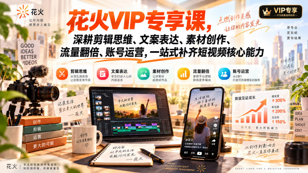 花火VIP专享课,深耕剪辑思维、文案表达、素材创作、流量翻倍、账号运营,一站式补齐短视频核心能力-资源宝库