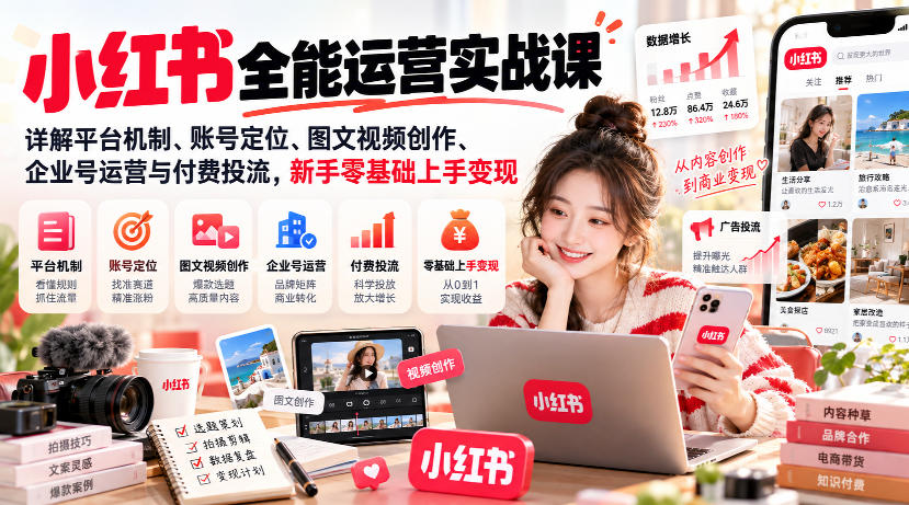 小红书全能运营实战课，详解平台机制、账号定位、图文视频创作、企业号运营与付费投流，新手零基础上手变现-资源宝库