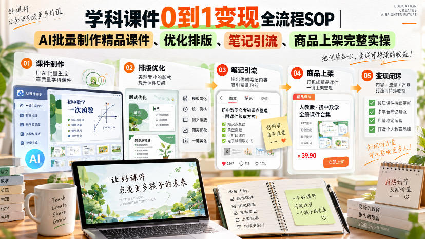学科课件0到1变现全流程SOP｜AI批量制作精品课件、优化排版、笔记引流、商品上架完整实操​-资源宝库