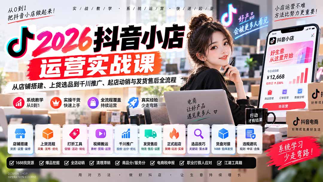 2026抖音小店运营实战课｜从店铺搭建、上货选品到千川推广、起店动销与发货售后全流程-资源宝库