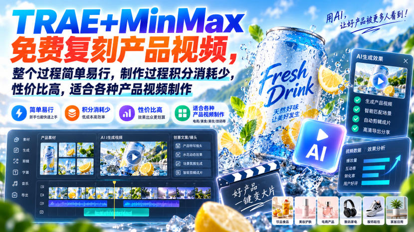 TRAE+MinMax免费复刻产品视频，整个过程简单易行，制作过程积分消耗少，性价比高，适合各种产品视频制作-资源宝库