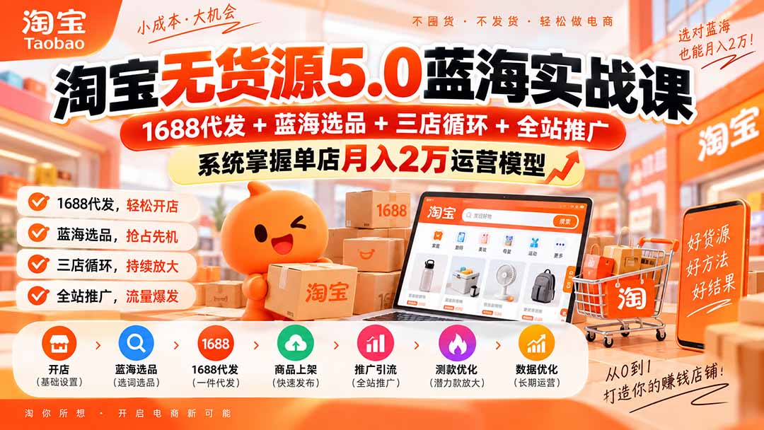 淘宝无货源5.0蓝海实战课-更新0927：1688代发+蓝海选品+三店循环+全站推广，系统掌握单店月入2万运营模型-资源宝库