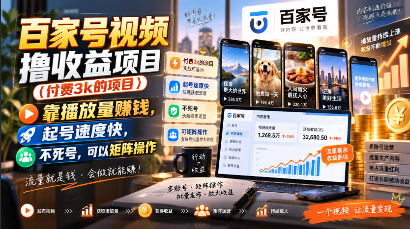 百家号视频撸收益项目(付费3k的项目)，靠播放量賺钱，起号速度快，不死号，可以矩阵操作-资源宝库