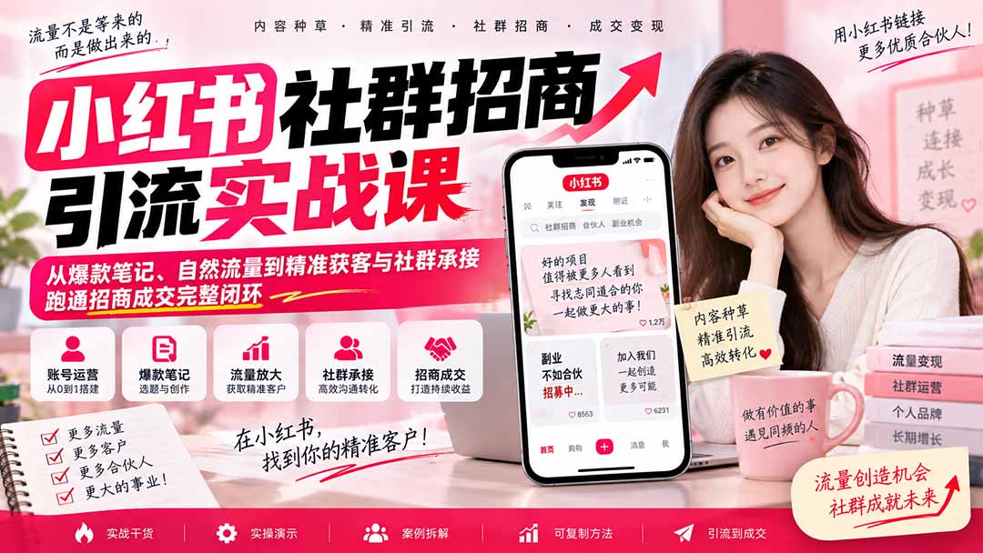 小红书社群招商引流实战课-无水印:从爆款笔记、自然流量到精准获客与社群承接,跑通招商成交完整闭环-资源宝库
