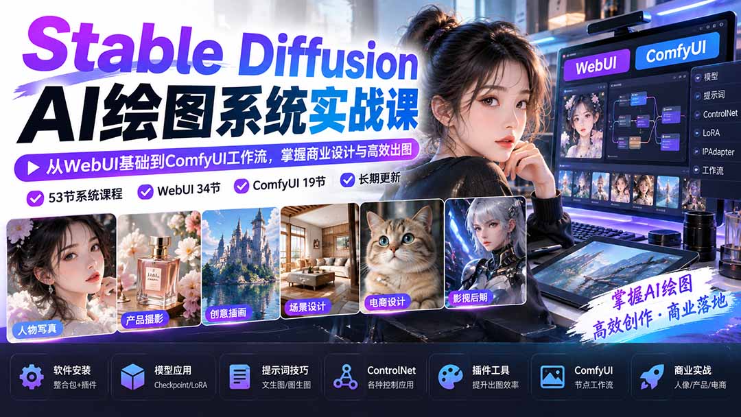 【无水印】Stable Diffusion AI绘图系统实战课：从WebUI基础到ComfyUI工作流，掌握商业设计与高效出图-资源宝库