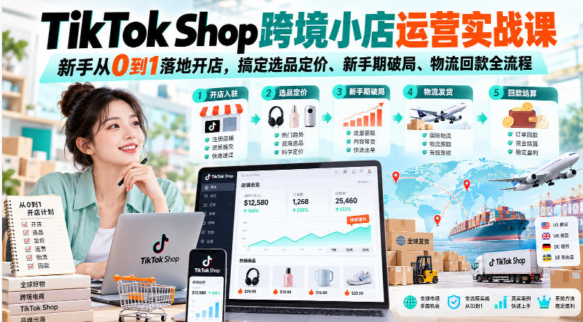 TikTok Shop跨境小店运营实战课，新手从0到1落地开店，搞定选品定价、新手期破局、物流回款全流程-资源宝库
