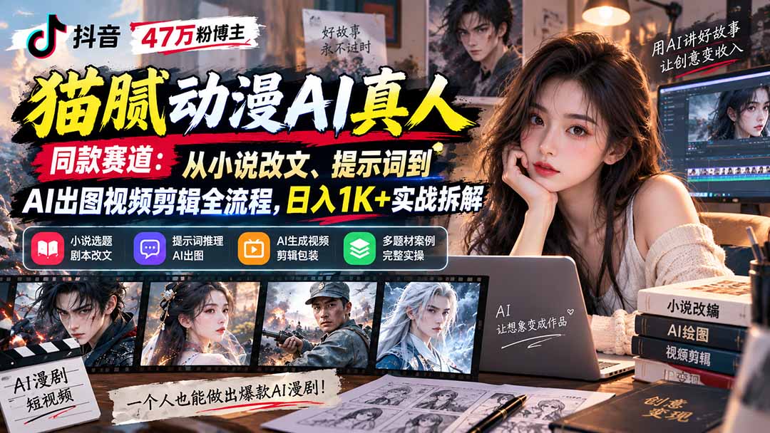 抖音47万粉博主猫腻动漫AI真人同款赛道:从小说改文、提示词到AI出图视频剪辑全流程,日入1K+实战拆解-资源宝库