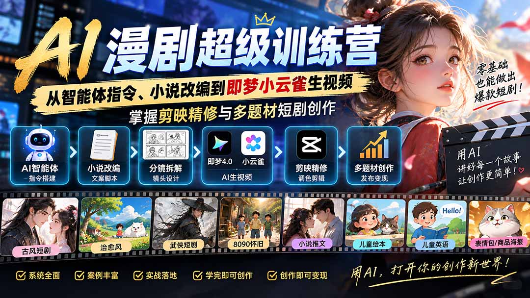 AI漫剧超级特训营：从智能体指令、小说改编到即梦小云雀生视频，掌握剪映精修与多题材短剧创作-资源宝库