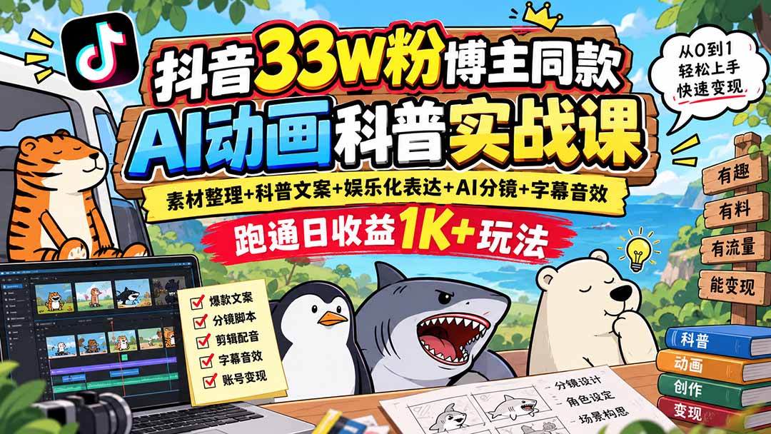 抖音33W粉博主同款AI动画科普实战课｜素材整理+科普文案+娱乐化表达+AI分镜+字幕音效，跑通日收益1K+玩法-资源宝库