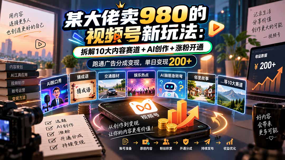 某大佬卖980的视频号新玩法：拆解10大内容赛道+AI创作+涨粉开通，跑通广告分成变现，单日变现200+-资源宝库