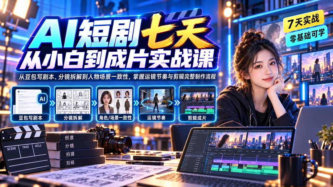 AI短剧七天从小白到成片实战课:从豆包写剧本、分镜拆解到人物场景一致性,掌握运镜节奏与剪辑完整制作流程-资源宝库