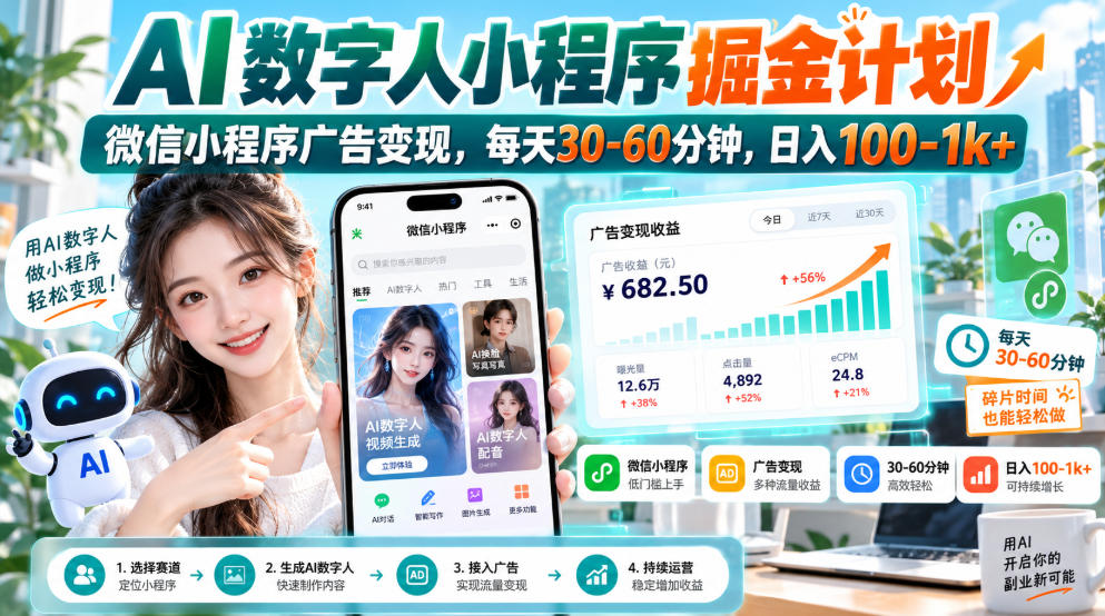 【无水印】AI数字人小程序掘金计划,微信小程序广告变现,每天30‑60分钟,日入100‑1k+-资源宝库
