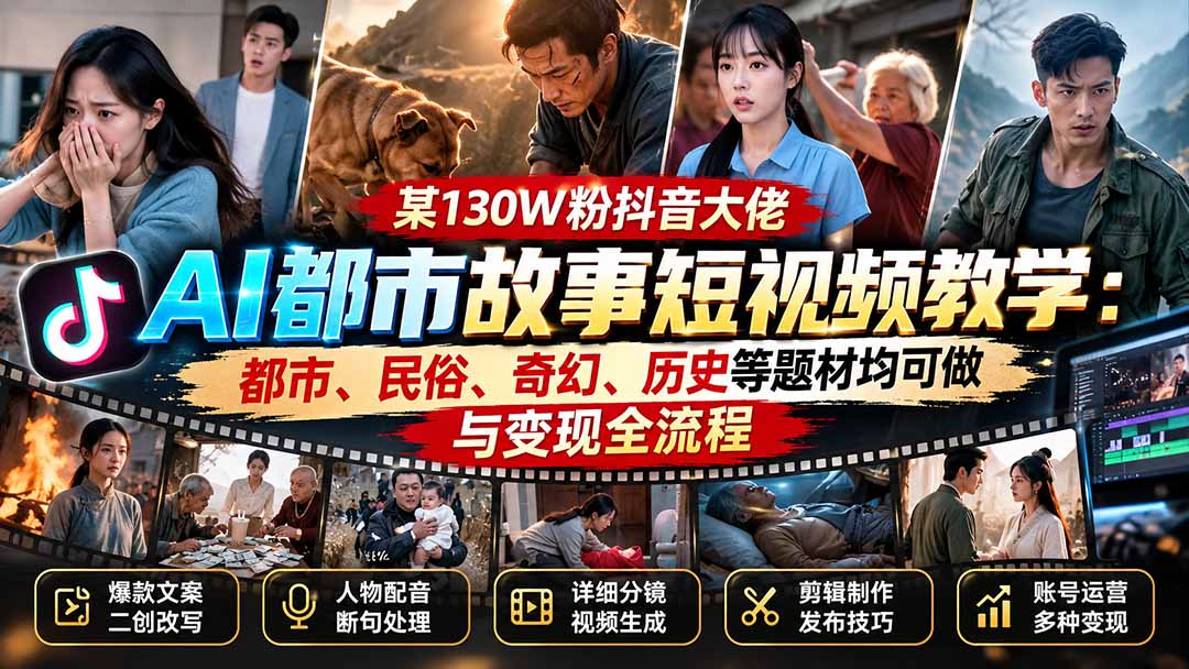 某130W粉抖音大佬AI都市故事短视频教学：都市、民俗、奇幻、历史等题材均可做与变现全流程-资源宝库