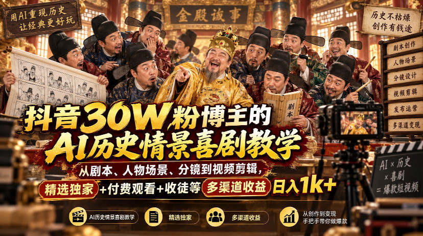 抖音30W粉博主的AI历史情景喜剧教学,从剧本、人物场景、分镜到视频剪辑,精选独家+付费观看+收徒等多渠道收益日入1k+-资源宝库
