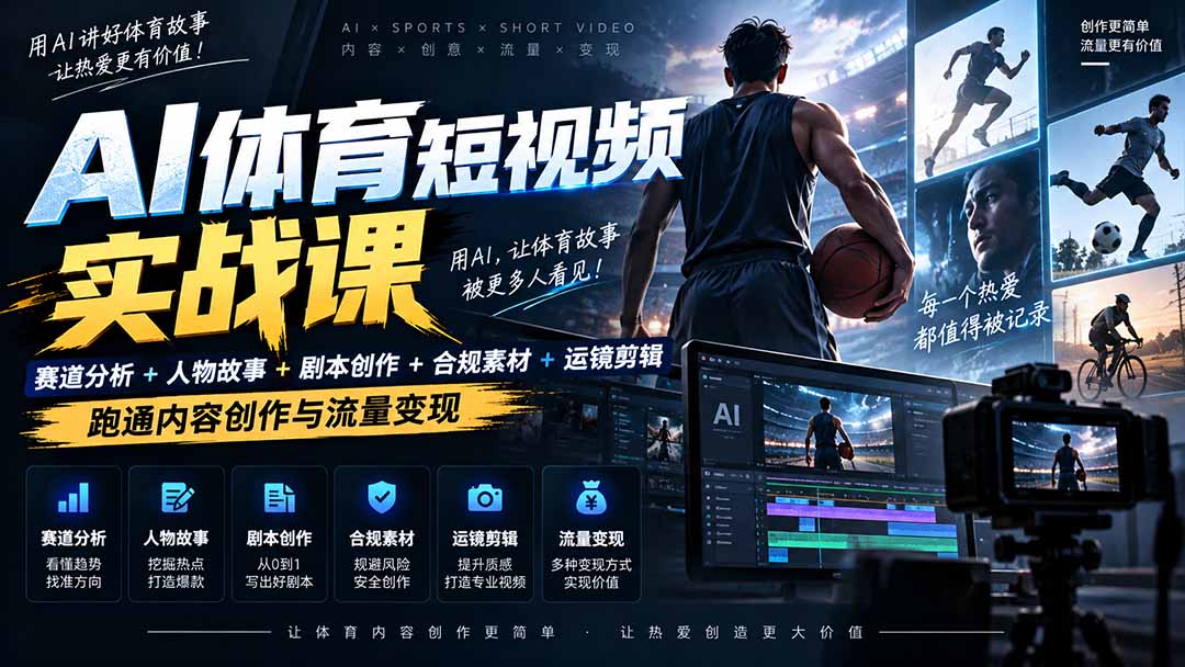 AI体育短视频赛道顶级玩法｜赛道分析+人物故事+剧本创作+版权处理+运镜剪辑，跑通流量变现-日赚1K+-资源宝库