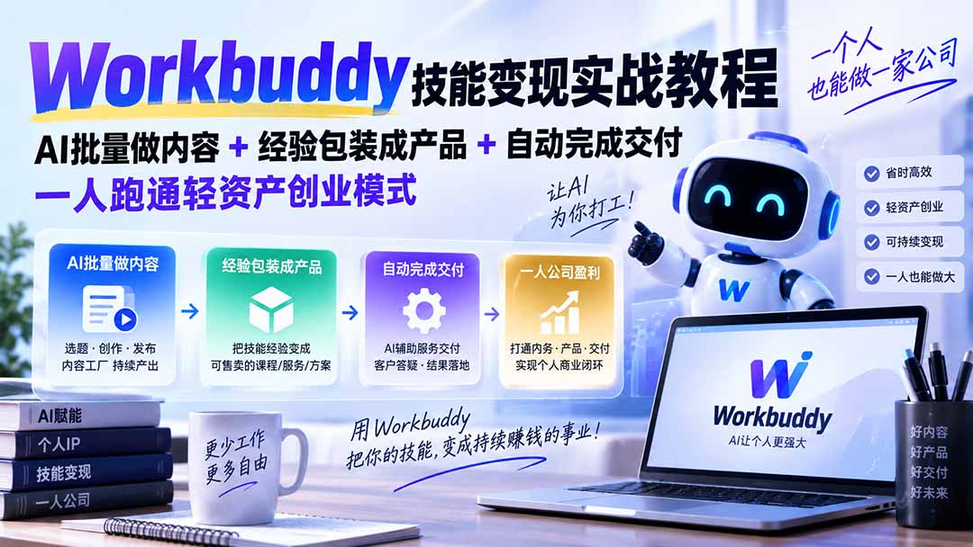Workbuddy技能变现实战教程:AI批量做内容+经验包装成产品+自动完成交付,一人跑通轻资产创业模式-资源宝库