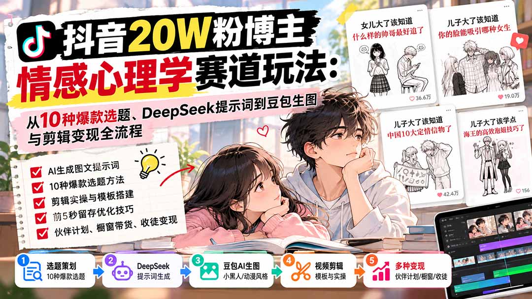 抖音20W粉博主-情感心理学赛道玩法：从10种爆款选题、DeepSeek提示词到豆包生图与剪辑变现全流程-资源宝库