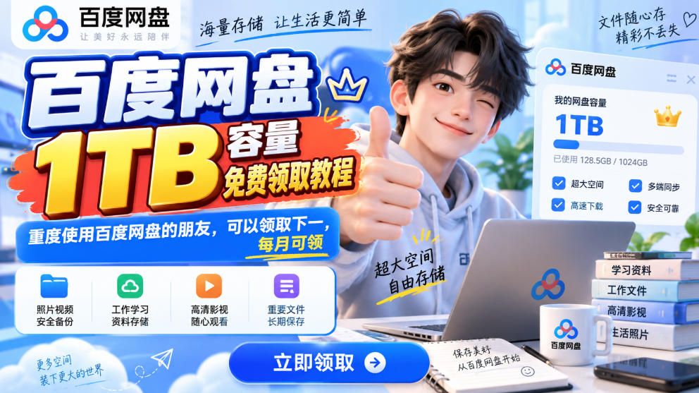 百度网盘1TB容量免费领取教程，重度使用百度网盘的朋友，可以领取下一，每月可领-资源宝库