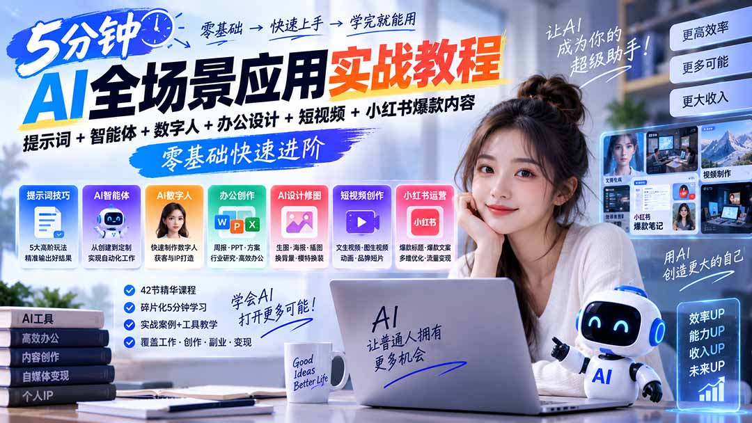 AI全场景应用实战教程|提示词+智能体+数字人+办公设计+短视频+小红书爆款内容,零基础快速进阶-资源宝库